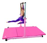 GymPros Gymnastics Bar Horizontal Kip Bar for Gymnasts Training Heavy Duty Jungle Gym Exercise Children and Adults Adjustable Height 3 to 5 Ft 600 lbs Weight Capacity with 6'x4' Tumble Mat (Pink)
