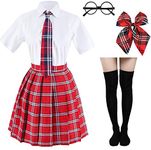 Elibelle Japanese Tartan Pleated School Uniform Cosplay Costumes with Socks Eyeglass Frame Set (Red)(M = Asia L)(SSF09)