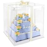 Belle Vous Clear Plastic Tall Cake Box with Boards & Ribbon - 35 x 35 x 38cm/13.78 x 13.78 x 14.96 Inches - Transparent Tall Cake Gift Packaging Carrier Box for Birthdays, Weddings & Parties