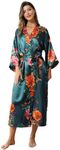 Women's Satin Kimono Robe Floral Long Silky Robes Bridal Kimonos Bridesmaid Party Dressing Gown, Rose Floral Darkgreen, XX-Large-3X-Large Plus