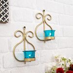 Homesake® Set of 2 Decorative Golden Wall Sconce/Candle Holder with Turquoise Glass and Free T-light Candles