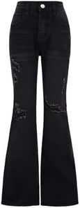 Milumia Girl's Ripped Flare Bell Bottom Jeans High Waist Denim Pants with Pockets Black Solid 8Y