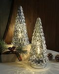 SHMILMH Silver Mercury Glass Christmas Tree, Small Tabletop Christmas Tree with Light, Battery Operated Mini Xmas Tree for Fireplace Bathroom Decor 10", Set of 2