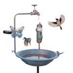 dreamysoul Bird Bath for Outside, 3" Deep Bird Bath and Feeder Combo, Tall Metal Standing Bird Baths, Antique Blue Faucet Solar String Light Birdbaths for Outdoors Garden Yard Lawn Decorations