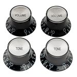 Musiclily Pro Inch Size Fine 24-Spline Top Hat Bell Knobs Tone Volume Control Knobs for USA LP SG Style Electric Guitar, Black with Silver Reflector (Set of 2T2V)