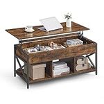 VASAGLE Lift Top Coffee Table for Living Room, Industrial Coffee Table with Hidden Compartments and Storage Shelf, 19.7 x 47.2 x (19.3-24.4) Inches, Rustic Brown and Black ULCT212B01