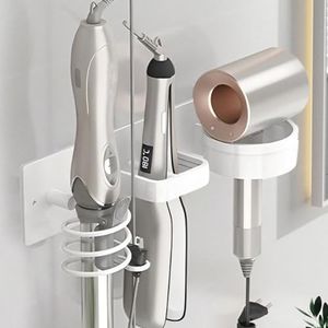 HOHOWU Hair Dryer Holder Wall Mounted,Blow Dryer, Curling Iron, Straightener Holder 3 in 1 Bathroom Metal Hair Tool Organizer Rack-Matte White-1