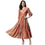 DEEBACO Women's Striped Rayon Smocking Tiered Maxi Dress Fit & Flared V-Neck 3/4 Sleeve Summer Wear One Piece Girls Dress Western Party Casual Wear Outfits for Ladies (DBDRMR00000961_XXL_Multicolor)