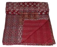 YUVANCRAFTS Indian Hand Block Print Kantha Quilt Queen Size Handmade Quilt Kantha Throw Blanket Queen Bedspread Boho Quilt Vintage Gudari Kantha Quilts (RED AJRAKH)