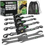 Rhino USA Retractable Ratchet Tie Down Straps (4PK) - 540kg Guaranteed Max Break Strength, Includes (4) Ultimate 2.5 cm x 3 m Autoretract Tie Downs with Padded Handles - Grey
