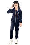 SHOPMORE Girls Velvet Track Suit | Regular Fit Printed Design | Hooded Neck Full Sleeve Set for Girl’s Yoga, Joggers, Gym, Active Wear For Girl's (Navy)