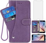 Compatible with Samsung Galaxy S6 Wallet Case and Tempered Glass Screen Protector Flip Credit Card Holder Stand Cell Accessories Phone Cover for Glaxay S 6 Gaxaly 6s Galaxies GS6 SM-G920V G920A Purple