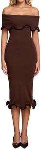 URYIAO Fall Off The Shoulder Sweater Wedding Guest Dresses for Women Ruffle Bodycon Cocktail Party Midi Dress XS Brown