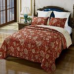 Qucover Quilted Bedspread King Size Soft Warm Cotton Reversible Wine Red and Beige Floral Printing Quilt Coverlet Set, All Seasons Bedspread Quilted with Pillowcase, 240x260 cm