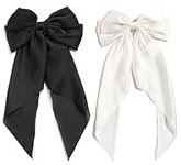 Satin Hair Bows Clips for Women Large Bow Hair Slides Metal Clips French Barrette Long Tail Soft Plain Color Bowknot Hairpin Holding Hair 90's Accessories 2 Pcs (White Black)