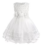 Discoball Girls Princess Dress Rose Flower Bow Tie Party Dress Tulle Wedding Dress Bridesmaid Christening Elegant Formal Dress for Girls White