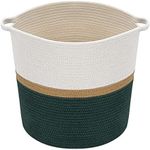 Navaris Cotton Rope Basket - 17.7" Diameter x 15" Height Woven Storage Basket with Handles for Laundry, Blankets - Dark Green/Natural/Off-White