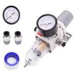 RIH Pneumatics Filter Pressure Regulator Combo Piggyback, 5 Micron Brass Element, Poly Bowl, Semi-Auto Drain, Metal Bracket, 0-150 psi Gauge Air Tool Compressor Filter with Gauge (1/4" NPT)