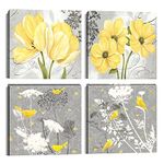 Wall HDQ Yellow Gray Picture Wall Art for Bathroom Wall Decor Flowers Canvas Prints Framed 4 Panels
