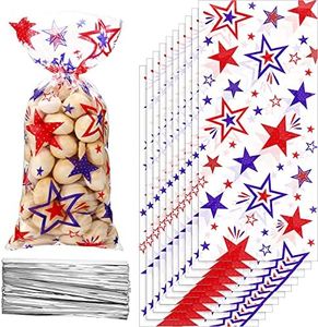 100 Pieces Patriotic Celllo Bags Independence Day 4th of July Candy Bags Goodie Bags Blue Red USA Star Cellophane Plastic Favor Bags with 100 Silver Twist Ties for American Memorial Day Party Supplies