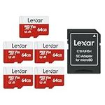 Lexar Micro SD 64GB 5PK, Micro SD Card up to 100MB/sec(R), MicroSDXC Memory Card with SD Adapter, A1, U3, C10, V30, Micro SD Card Pack of 5