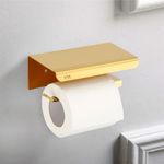 USF Stainless Steel 304 Grade Toilet Paper Holder for Bathroom | Toilet Roll Holder | Toilet Tissue Holder with Mini Shelf Rack Stand | Bathroom Accessories | Anti Rust(Square Gold)