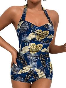 Women's Retro Tummy Control Swimsuits Halter One Piece Slimming Swimwear,Vintage Boyshorts Ruched Push Up Bathing Suit, Ocean Blue Floral, Small