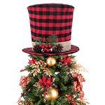 codree Christmas Tree Topper Top Hat - Red and Black Buffalo Plaid Top Hat with Pinecone Berry Bell-Christmas Tree Topper Fabric Top Hat for Winter Holiday Xmas Tree Decor