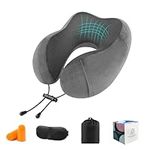 CNMTCCO Travel Pillow - Comfortable Neck Pillow for Travel, Memory Foam Neck Pillow Head Support Soft Pillow for Sleeping Rest Airplane Car & Home Use, with Ear Plugs, Eye Mask & Carry Bag (Grey)