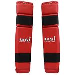 USI UNIVERSAL THE UNBEATABLE Martial Arts Shin Guards/Shin Pad Foam Padded, (Size M, Red) Adjustable Muay Thai Leg Guards For Kickboxing Training And Sparring, Durable, Professional MMA Equipment