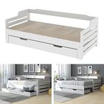 Single Bed Frame with Trundle and Storage Drawer, 190x90cm White Guest Bed Day bed Trundle Bed for Living Room and Bedroom (No Mattress)