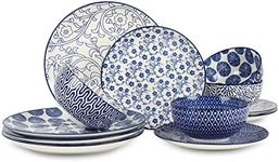 Selamica Ceramic 12-Pieces Dinnerware Sets, Ceramic Dish Plates and Bowls Sets, Service for 4, Dinner Salad Dessert Plates, and Cereal Bowls Set,Vintage Blue