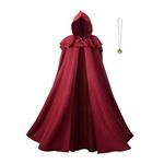 Regenboog Renaissance Hooded Cloak for Women Men,Adult Medieval Cape,Burgundy Viking Cloak with Viking Sword Necklace,L