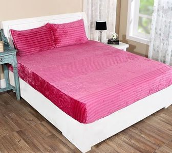 RD TREND floral 300 GSM Flannel Embossed Warm Elastic Fitted bedsheets for Winter King Size(78X72X8 Inch) with 2 Pillow Covers Size 18x28 Inches, Color-Pink