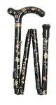 Foldable Adjustable Petite Black Floral Folding Walking Stick / Cane - Height adjustable from 77 to 85cm.