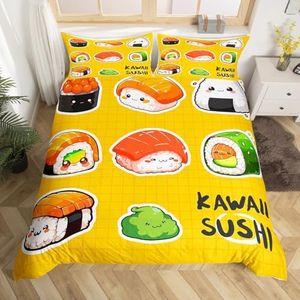 Feelyou Kids Cute Sushi Pattern Bedding Set Japanese-Style Comforter Cover for Girls Children Cartoon Japanese Sushi Duvet Cover Breathable Yellow Grid Plaid Bedspread Cover Room Decor Twin Size