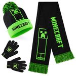 Minecraft Cold Weather Set - Creeper Beanie Hat Scarf and Gloves Set Kids Winter Set - Gaming Gifts for Boys (8-12 Years, Green/Black)