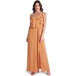 BCBGMAXAZRIA Dahlia Women’s Ruffled One Shoulder Front Slit Gown, Sandstone, 14