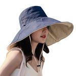 Kangqifen Women 5.5" Wide Brim UV Protection Sun Hat Reversible Cotton Outdoor Bucket Hats with Chin Strap Removable Navy Blue