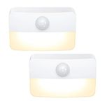 Criacr Motion Sensor Night Light, 2 Pack Stick-On Motion Sensor Lights Indoor by Battery Powered, Under Cupboard Kitchen Lights with Adhesive Pads, Auto/On/Off for Wardrobe Stair Kitchen Warm White