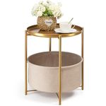 danpinera Round Side Table with Fabric Storage Basket, Metal Small Bedside Nightstand with Removable Tray Top for Living Room, Bedroom, Nursery, Laundry, Gold