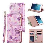 QLTYPRI Wallet Case for iPhone 6 iPhone 6S, Geometric Zipper Wallet Case Premium PU Leather Card Holder Slots with Kickstand Wrist Strap Magnetic Adsorption Cover - Purple Flower