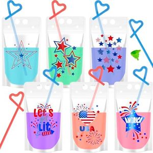 24PCS 4th of July Accessories -4th of July Party Supplies, Drink Pouches for adults, Patriotic Drink Pouches with Straws, 4th of July Decoration Pouches Stand up Bags, Juice Pouches, 6 Styles, 500 ML