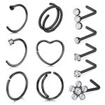 MODRSA Nose Rings Nose Rings Hoops Nose Piercing Jewelry Nose Rings Studs Nose Piercings Double Hoop Nose Ring Surgical Steel Nose Ring Nose Jewelry L Shape Nose Rings 20g Black