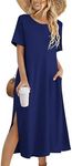 Zeagoo Maxi Beach Sundress Women's 2025ed Sun Dress High Waist Tropical Shift Boho Cover Up Midi Dress Half Sleeve 2025 A Line Swing Summer with Side Split Navy XL