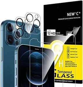 NEW'C 4 Pack, 2 x Glass Screen Protector for iPhone 12 Pro and 2 x Camera lens Protector, Scratch-Resistant, No Air Bubbles, Extremely Durable, 9H Hardness Tempered Glass
