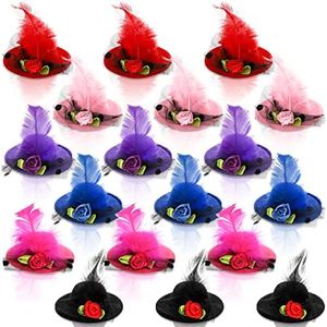 DEAYOU 18 Pack Mini Hat Clips, 2" Tea Party Hats for Girls Women, Mini Top Hat Hair Barrette, Hairpin Fascinator with Ribbon Flowers and Faux Feather for Costume Accessory, Decoration, 6 Colors