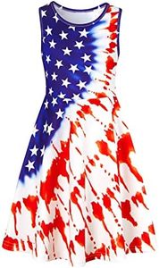 uideazone Red White Blue Patriotic Dresses for Girls Size 10-12 4th of July USA Flag Crewneck A-Line Pleated Swing Sundress Summer Slim Fit Knee-Length Dress Independence Day for Party Vacation