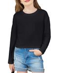 Arshiner Girls Long Sleeve Shirts Crop Tops Crewneck Drop Shoulder Casual Fashion T Shirts Tee Black