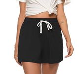 Vlazom Women's Pajama Short Bottoms Solid and Striped Sleeping Shorts Cotton Lounge Casual Pants for Yoga Gym Running - Black-solid - XL